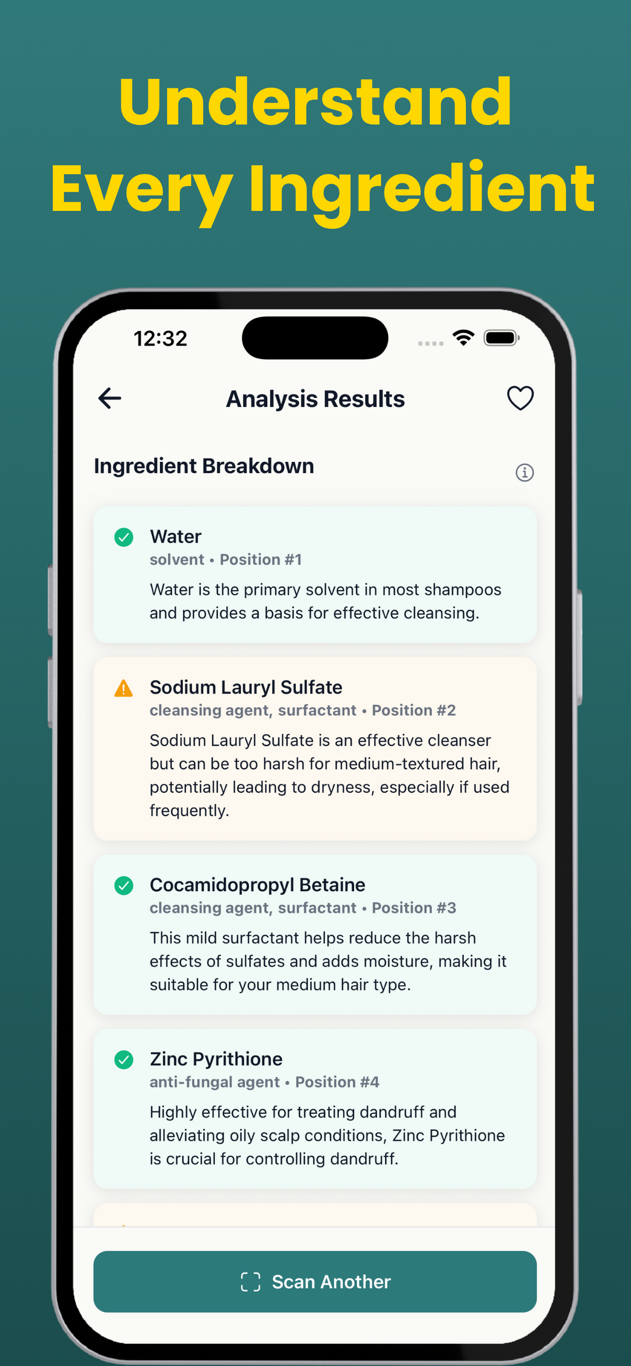 AI ingredient analysis with compatibility score for a hair product