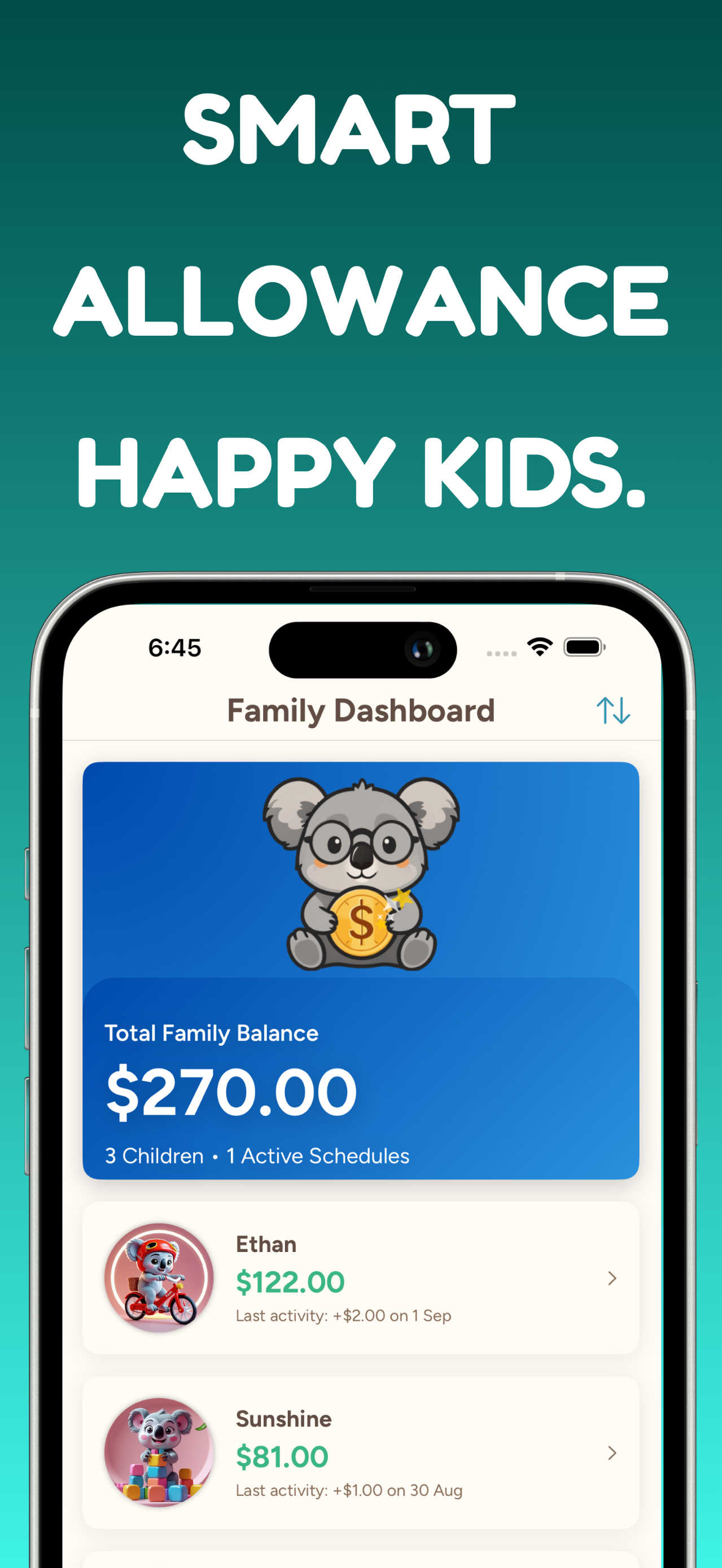 Family Dashboard in the Kash allowance app showing multiple kids' balances