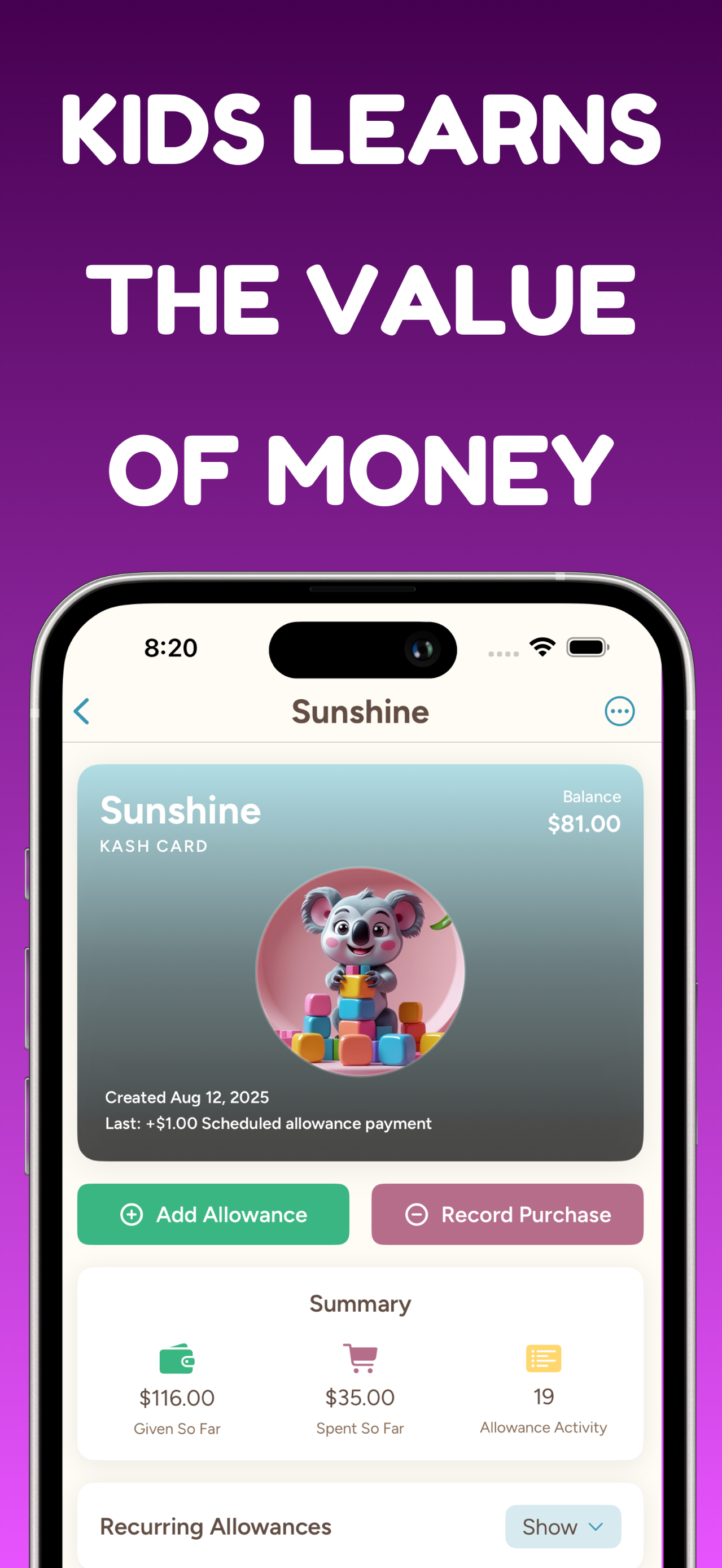 Kash Card view showing a child's allowance balance and recent activity