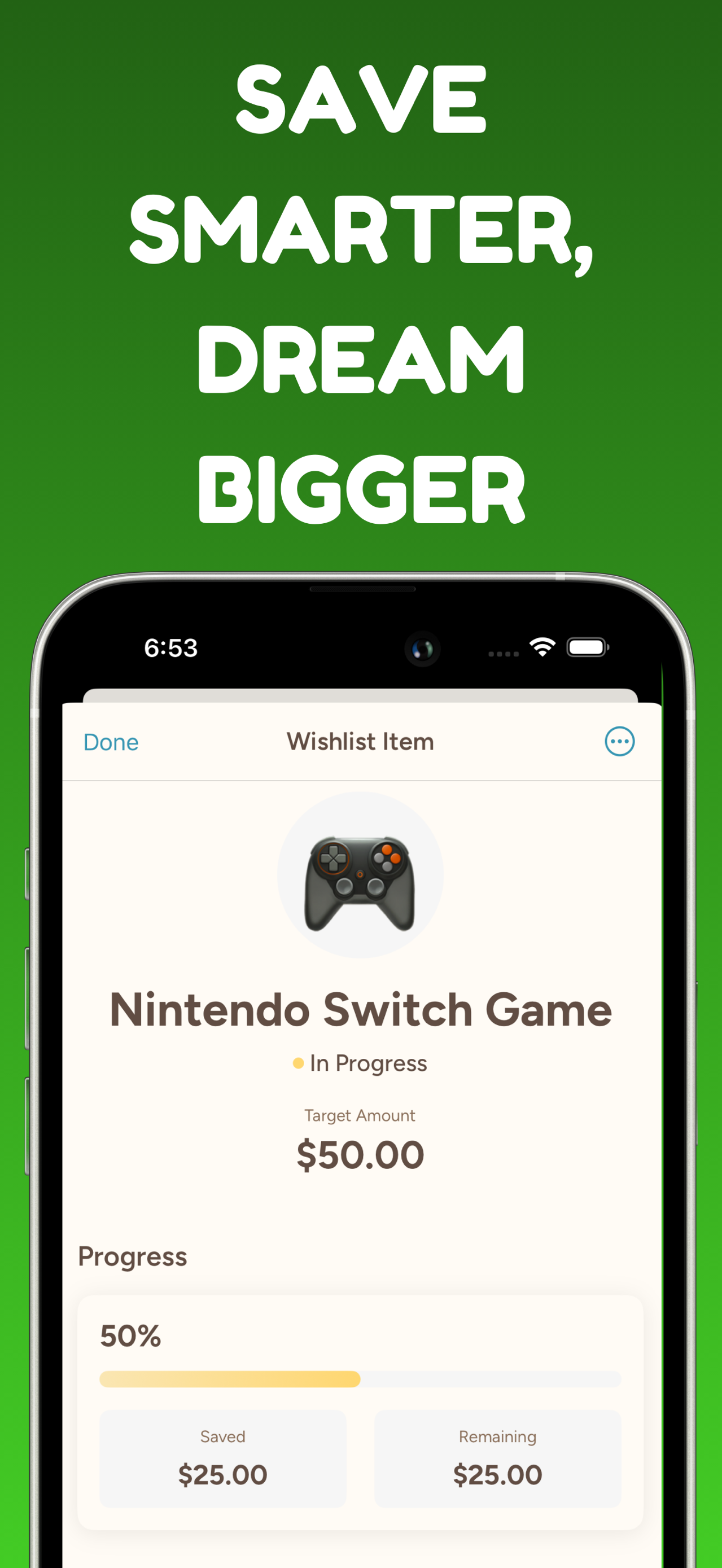 Wishlist savings goal tracker for kids showing a Nintendo Switch game target price