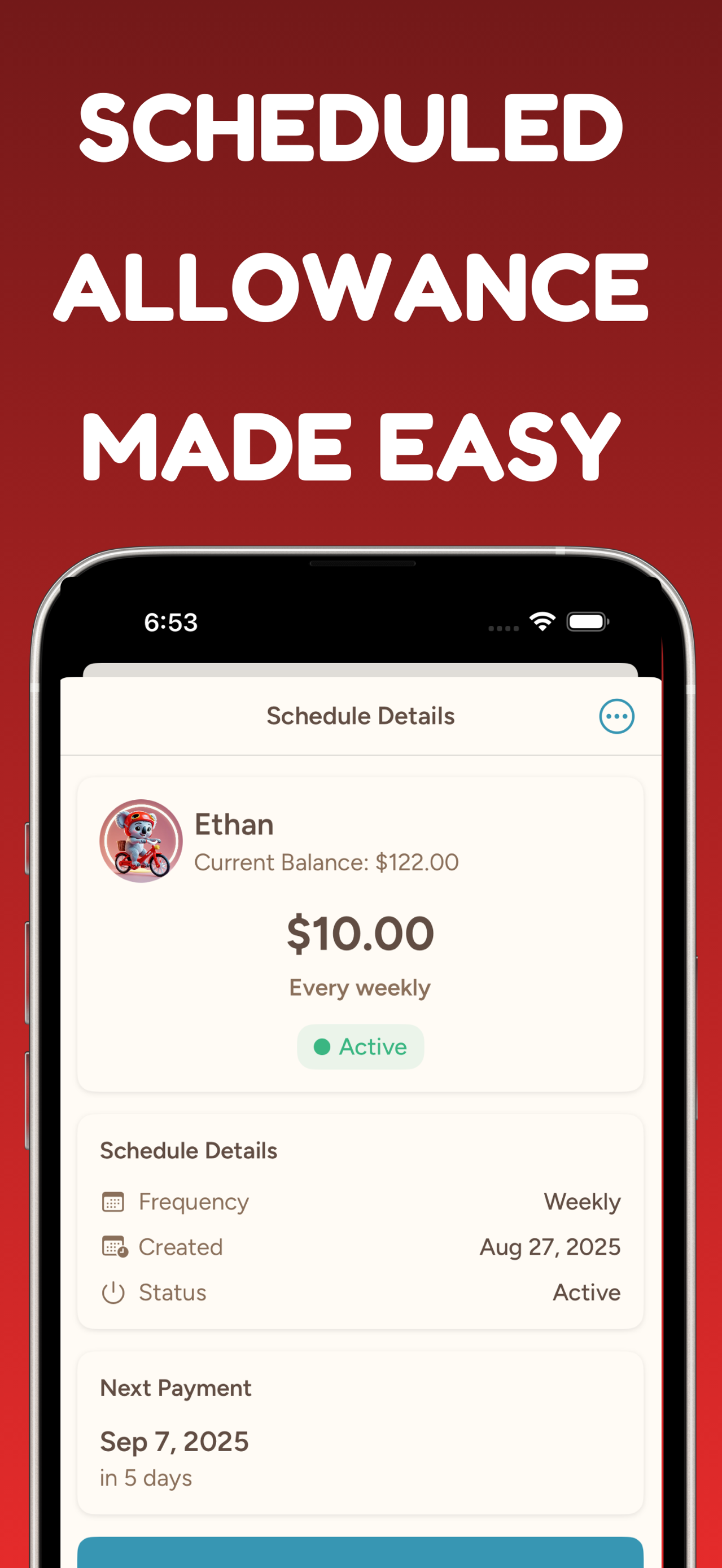 Weekly allowance schedule screen with next payment countdown